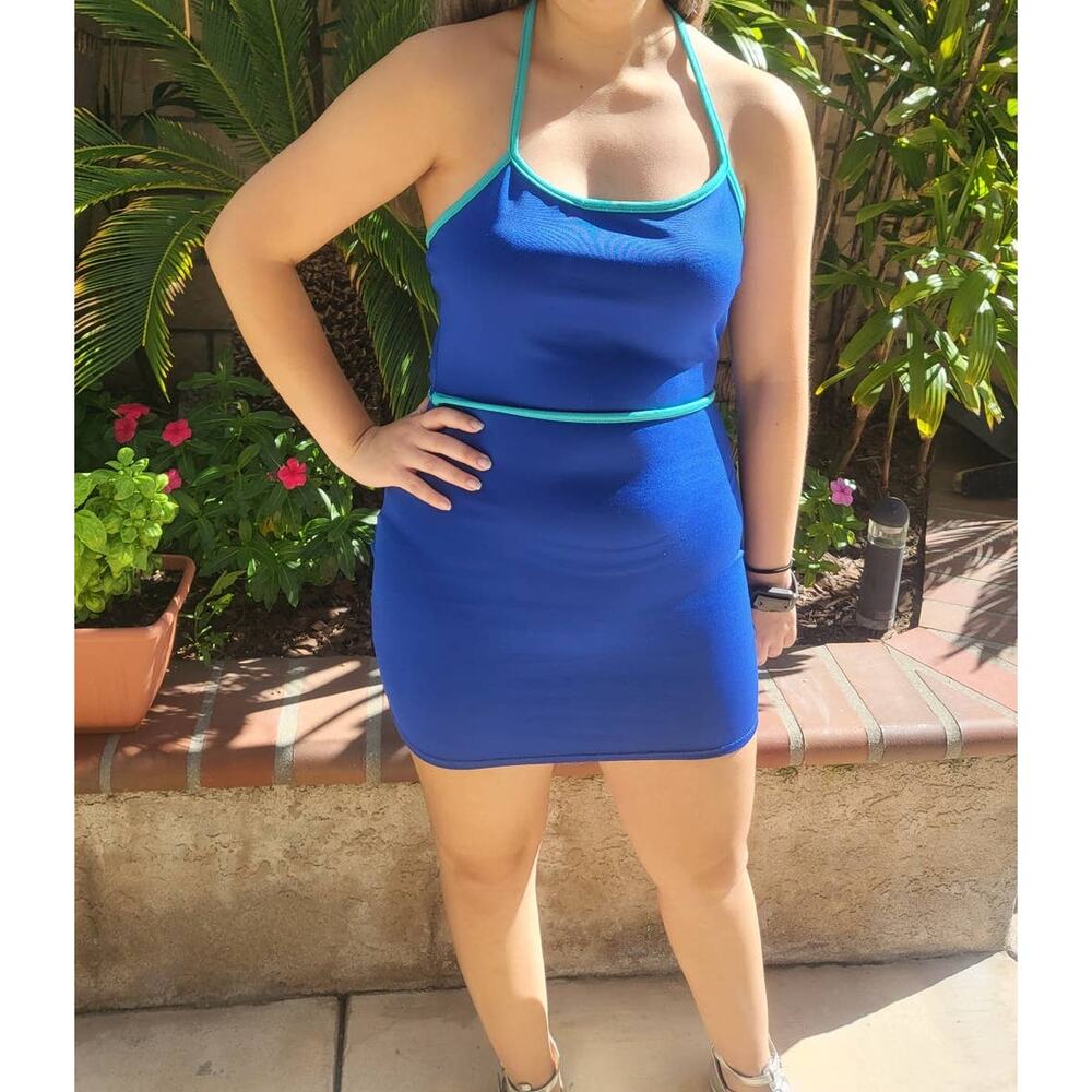 Blue and Turquoise Y2k Body Con Halter Mini Dress XS Teal Contrasting Trim